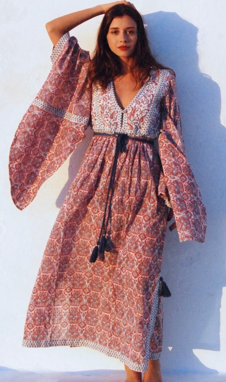 Buggy Loulou Quilted Kaftan - Nantucket Red and Blue Grey Sz. L